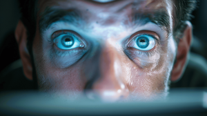 Close-up of surprised eyes reflecting dark web content showing the shocking discoveries of first-time exploration