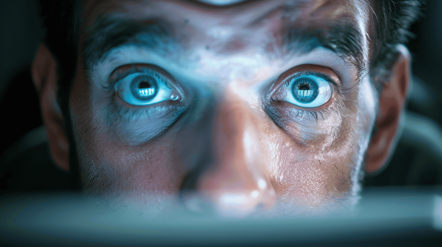Close-up of surprised eyes reflecting dark web content showing the shocking discoveries of first-time exploration
