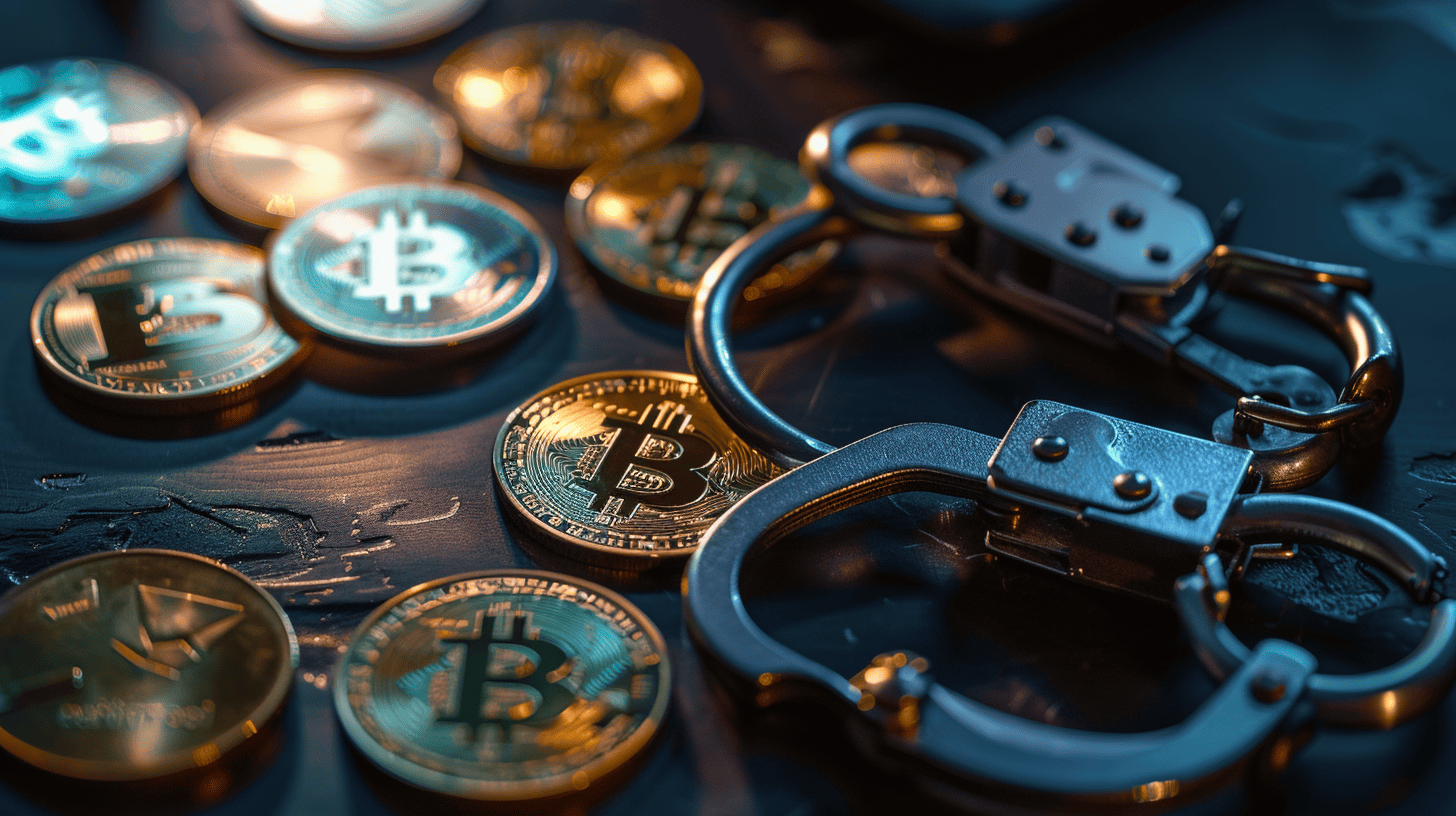 Metal handcuffs and seized cryptocurrency evidence from international dark web drug trafficking investigation