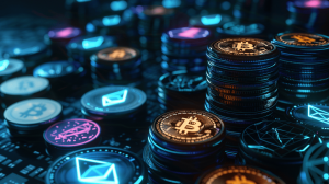 Stacks of cryptocurrency symbols representing the financial scale and economics of dark web marketplaces