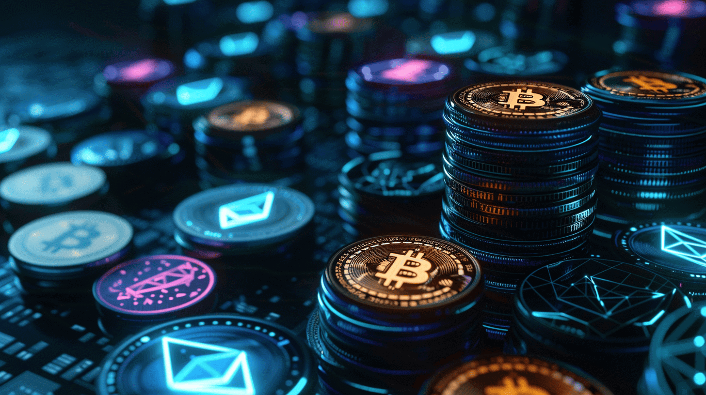 Stacks of cryptocurrency symbols representing the financial scale and economics of dark web marketplaces