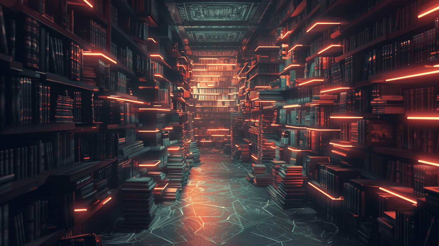 Digital illustration of a mysterious dark web library with glowing books floating in darkness, representing hidden knowledge and legal uses of the dark web in 2026