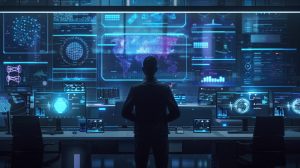 Modern cybercrime investigation center with AI-powered systems monitoring dark web activity, blockchain transactions, and network traffic patterns in real-time