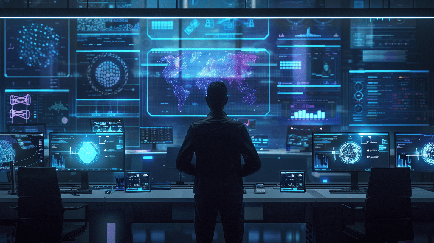 Modern cybercrime investigation center with AI-powered systems monitoring dark web activity, blockchain transactions, and network traffic patterns in real-time